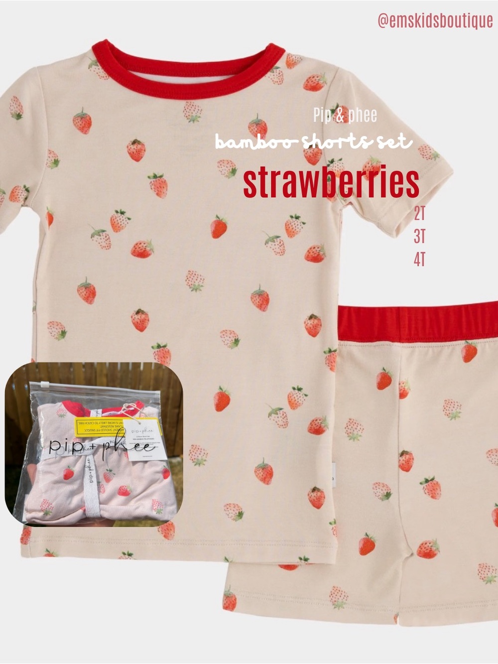 Kids Strawberries Bamboo Pajama Short Set - Cream with Red Trim. Pip & Phee